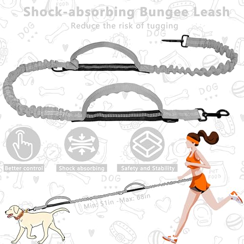 Hands Free Dog Leash with Zipper Pouch, Running Waist Leash for Dog Walking, Adjustable Waist Belt for Large Dogs, Reflective Bungee Design with Two Handle for Hiking, Training, Grey - color: Grey