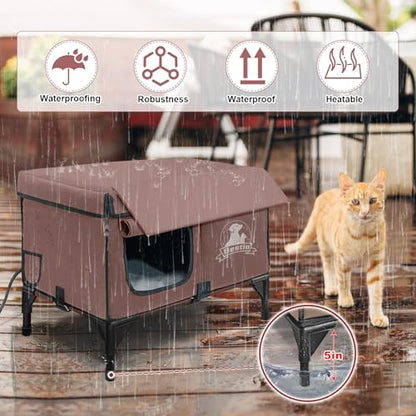 Heated Cat Houses for Outside Cats,Elevated Base Cat-Attracting Eave Design,Feral Stray Shelter Waterproof in Winter Garage Yard Porch,Cat Heated House for Indoor Outdoor(21" x 13" x 17")