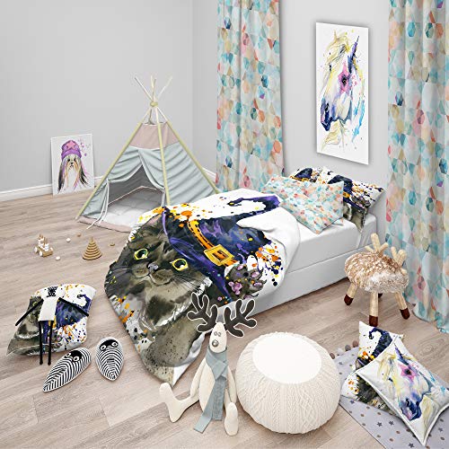 DesignQ Halloween Cat and Witch Hat Traditional Duvet Cover Set, Blue Duvet Cover Set Twin, Animals Bedding Set of 3 Pieces, All Season Traditional Bedding Sets Twin - size: Twin