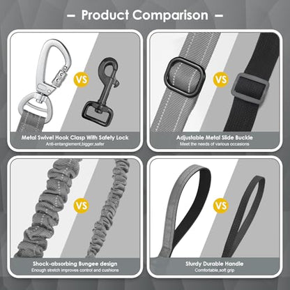 AUBELL Tactical Dog Leash Heavy Duty,4-6ft Reflective Strong No Pull Bungee Leash for Small Dogs with Comfortable Padded Double Handle,Car Seat Belt,360 Degree Rotating Carabiner,Grey - color: S-Grey(4-6FT)