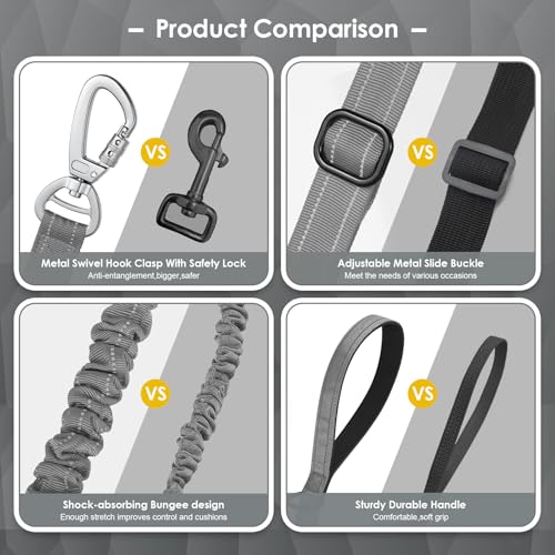 AUBELL Tactical Dog Leash Heavy Duty,4-6ft Reflective Strong No Pull Bungee Leash for Small Dogs with Comfortable Padded Double Handle,Car Seat Belt,360 Degree Rotating Carabiner,Grey - color: S-Grey(4-6FT)