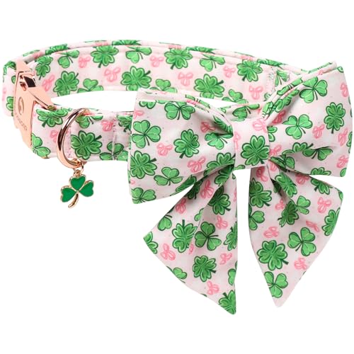 DOGWONG St. Patrick's Day Shamrock Dog Collar with Sailor Bow,Pink Green Four Leaf Clover Pattern Dog Collar, Adjustable Durable Soft Collars Irish Gift for Girl Female Dogs,S - color: C-Pink shamrock sailor bow, size: S