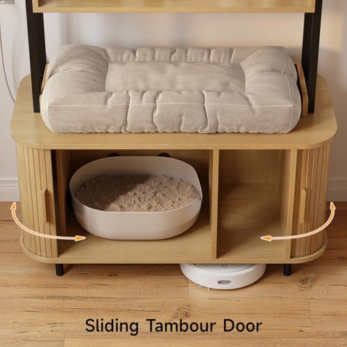 ONBRILL 54 Inch Hidden Litter Box Furniture with Shelves and Outlets,Fluted Cat Litter Box Enclosure, Mid-Century Modern Wooden Cat House with Sliding Tambour Door and Hooks, Oak - color: Oak