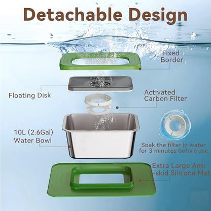 10L No Spill Dog Water Bowl, 2.6 Gal Stainless Steel No Splash Large Dog Water Bowl with Non-Slip Silicone Mat, Spill Proof Slow Drinking Pet Bowls for Messy Drinkers Indoor/Outdoor Use - color: Dark Green