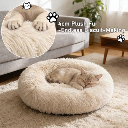 Calming Donut Dog Beds for Small Dogs Kitten - Washable Removable Cover Non-Slip Bottom, Round Pet Bed Puppy Bed Warming Fluffy Faux Fur Anti-Anxiety, Fits up to 15 lbs (Beige, 20") - color: Beige, size: 20"L x 20"W x 8"Th