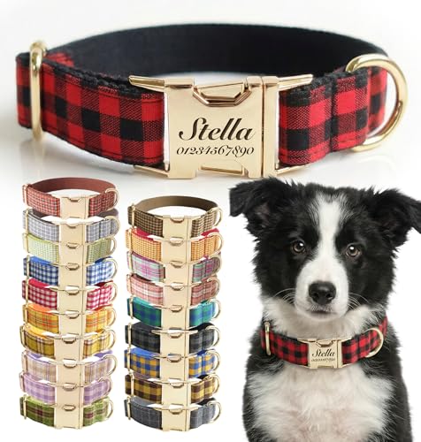 Personalized Polyester Dog Collar with Laser-Engraved Name and Phone Number, Plaid Pattern Theme Customizable Collar with Metal Quick Release Buckle for Small Medium Large Dogs - color: Multicolor Plaid