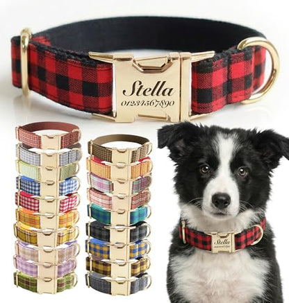 Personalized Polyester Dog Collar with Laser-Engraved Name and Phone Number, Plaid Pattern Theme Customizable Collar with Metal Quick Release Buckle for Small Medium Large Dogs - color: Multicolor Plaid