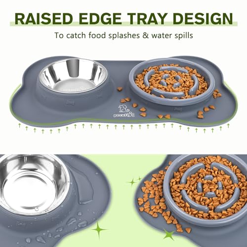 Pecute Slow Feeder Dog Bowls to Slow Down Eating, Dog Bowl Slow Feeder with No-Spill Non-Skid Silicone Mat, Food-Grade Safe Dog Food Bowls Slow Feeder, Stainless Steel Dog Water Bowl for Dogs Cats - size: Large-2 Cup/17 oz each