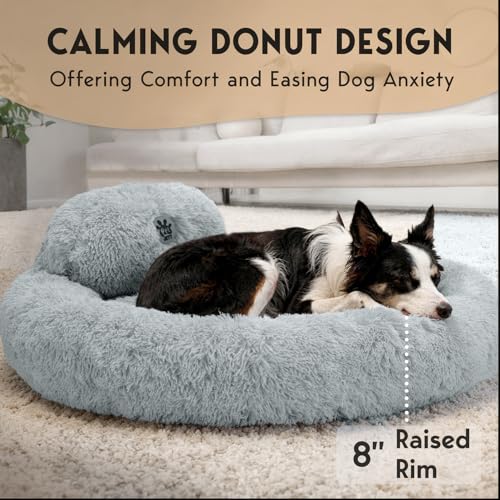 PetJett Dog Beds Large Sized Dog - 36'' Calming Round Bed, Washable Dog Bed - Anti-Slip Super Soft Donut Bed, Fluffy Faux Fur Anti-Anxiety Premium Comfort Pet Bed, Fits Dogs up to 80 lbs - Bright Grey - color: Bright Grey, size: Large - 36”L x 36”W x 8”Th