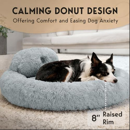 PetJett Dog Beds Large Sized Dog - 36'' Calming Round Bed, Washable Dog Bed - Anti-Slip Super Soft Donut Bed, Fluffy Faux Fur Anti-Anxiety Premium Comfort Pet Bed, Fits Dogs up to 80 lbs - Bright Grey - color: Bright Grey, size: Large - 36”L x 36”W x 8”Th