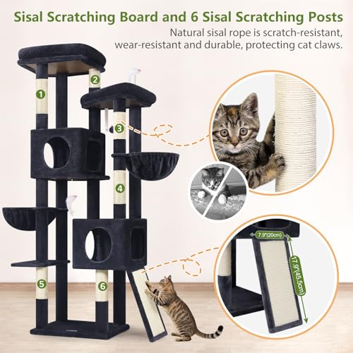 Globlazer 72in Heavy Duty Cat Tree Tower for Large Adult Cats, Multi-Level Cat Condo Stand with 2 Cozy Baskets & 6 Sisal Scratching Posts, S72E, Dark Grey - color: Dark Grey