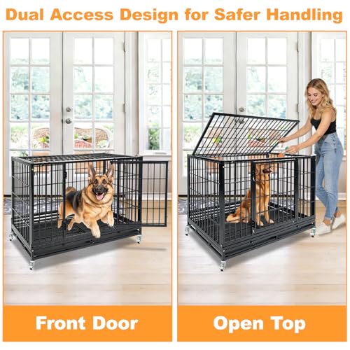 Homey Pet Heavy Duty Dog Crate for Large Dogs, 47 Inch Stackable Large Dog Cage with 4 Wheels, 2 Removable Trays and Grids, Multi Locks Strong & Solid Escape Proof Dog Kennel Indoor - size: 46.5"L x 28.5"W x 35"H