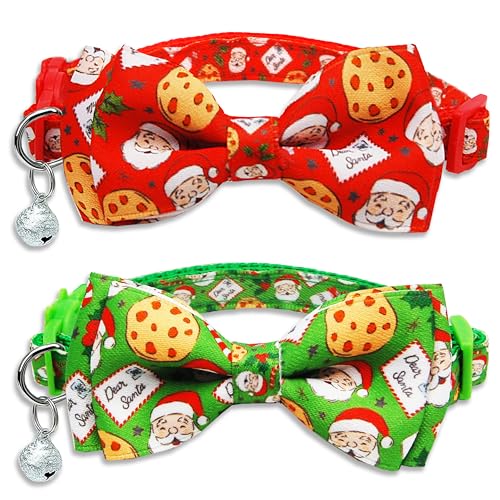 2 Pack Christmas Dear Santa & Cookie Mail Design Collars with Removable Bow Tie & Bell, Holiday Breakaway Safety Buckle Collar for Boys and Girls Kitties and Kitten(Red&Green) - color: Christmas Jolly