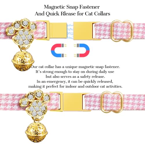 Personalized Breakaway Cat Collars - Magnetic Buckle, Bell - Safety Quick Release, Customized for Girls & Boys Cats- (Houndstooth-Pink) - color: Houndstooth-Pink
