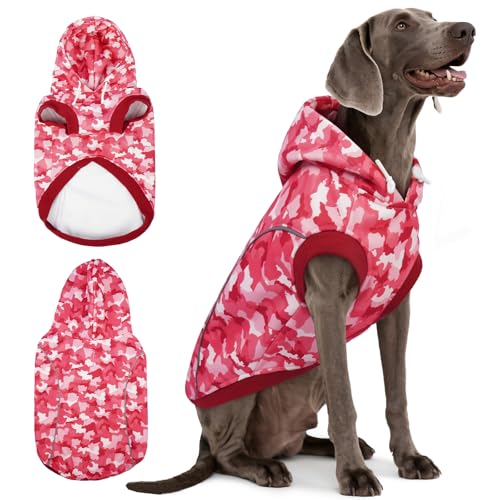 IECOii Dog Hoodie for Large Dogs, Fleece Lined Dog Sweatshirt Pullover with Leash Hole and Reflective Stripes, Windproof Warm Hoodie for Dogs Girl Boy, Fall Winter Outdoor Hoodies, Pink Camo, XXL - color: Pink, size: XX-Large