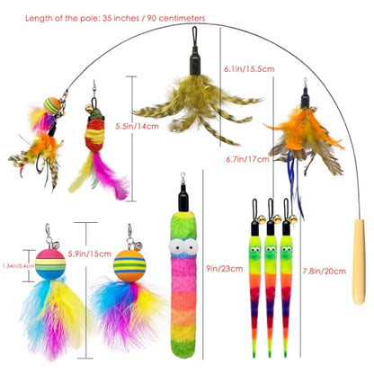 Interactive Cat Wand Toy Complete Set with Pole and 9 Feather Refills Teaser Toy for Indoor Cats Play & Exercise (9 Pcs C) - color: 9 Pcs C