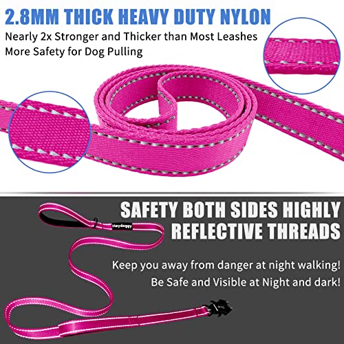 Strong Heavy Duty Dog Leash - 5ft Reflective Nylon Training Leash with Soft Padded Double Handle & Auto Lock Frog Clip - Safety Traffic Control for Large Medium Small Dogs No Pull Walk Hot Pink,5ft - color: Hot Pink, size: 5FT x 1" x 2.8MM