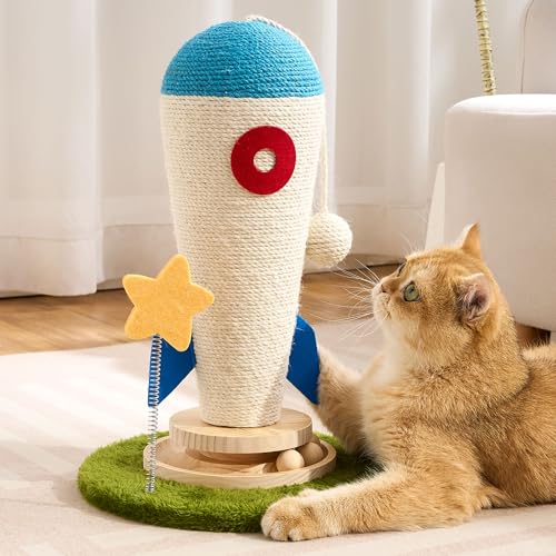 Cat Scratching Post, Rocket Cute Sisal Cat Scratcher with Durable Solid Wood Turntable Toy, Cat Scratch Post Red Cat Scratcher with Spinning Star Toy for Indoor Adult Cats - color: Blue Rocket