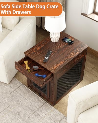 Dog Crate Furniture,Wooden Dog Crate End Table with Storage Drawer&Cushion&Tray, QC3.0 Wireless Charging,Dual USB,Medium Dogs Rustic Style - color: Rustic Brown, size: 28.5"L x 21.5"W x 30.5"H