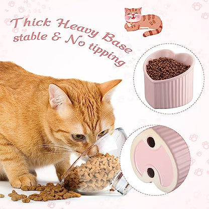 Mumufy 2 Pcs Ceramic Elevated Cat Bowls Tilted Elevated Raised Pet Bowls Anti Vomit Cat Dish for Indoor Stress Free Water Dish Feeder for Puppies, Heart Shaped(Pink) - color: Pink