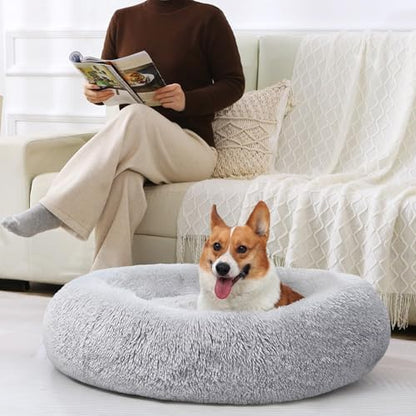 JOLLYVOGUE Dog Beds Large Sized Dog, 36 inches Calming Soft Anti-Anxiety Donut Dogs Bed, Washable Round Fluffy Cushion for Large Pets, Fits up to 80 lbs Pets - color: 01 - Light Grey, size: 36"