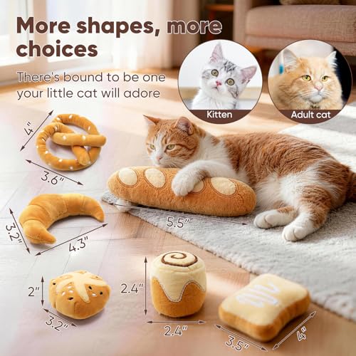 CiyvoLyeen Bread Catnip Toys, Cat Toy for Indoor Interactive Toys, Kitten Chew Bite Kick Toy Baguette Croissant Pretzel Toast Bun Cinnamon Roll Plush Catmint Pet Birthday Presents 6 Pack - color: Bread - 6Pcs