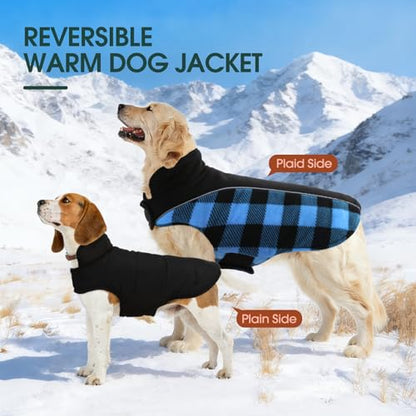 Kuoser Dog Winter Coat, Reversible Waterproof Dog Jacket with Reflective Strip, Warm Dogs Fleece Vest Adjustable Doggy Cold Weather Clothes Plaid Christmas Outfit Pet Apparel for Large Dogs, Blue 2XL - color: Blue, size: XX-Large (Chest Girth: 29.9-35.4''