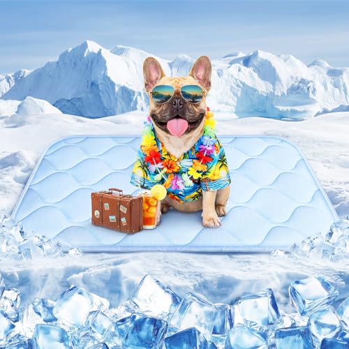 Pet Cooling Mats for Dogs, Cooling Pet Bed Outdoor & Indoor Use with Ice Silk Fabric & Waterproof Cover, Summer Cool Pad for Dogs Cats 29" x 18", Non-Slip Washable Pet Blanket for Crate Kennel Travel - color: Blue Wave Stitching, size: Medium