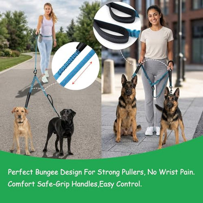 Double Dog Leash No Tangle – Dual Dog Leash for 2 Dogs with Shock Absorbing Bungee, 360° Swivel, Reflective Safety, Heavy Duty for Medium & Large Dogs (Carnation Red) - color: Carnation Red