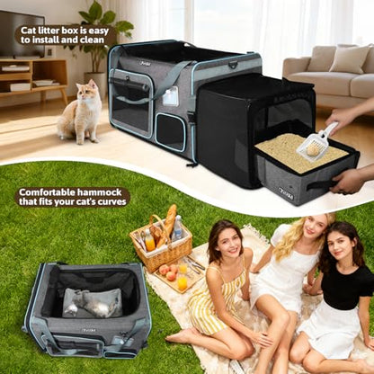 Petskd Side Expandable Extra Large Cat Car Carrier with Collapsible Litter Box for Long Distance Travel,24"x17"x17" Portable Soft Sided Pet Carrier with Roller Shades for 2 Cats Up to 55LBS(Grey) - color: grey