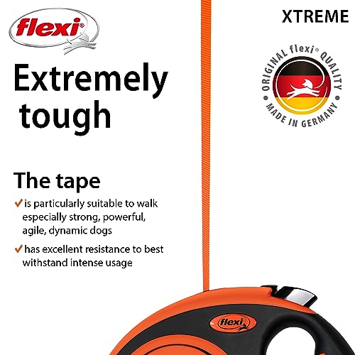 FLEXI Xtreme Tape Retractable Dog Leash for Large Dogs Upto 121 lbs. – 26 ft., Orange/Black | Tangle Free Pet Walking Leash with One-Handed Brake, Pause, Lock | German Quality Product