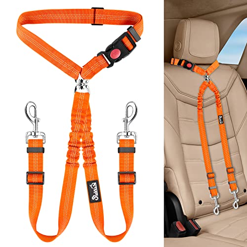 Lukovee Double Dog Seat Belt, New Dual Pet Car Headrest Restraint Safety Seatbelt No Tangle Dog Leash Duty Adjust Elastic Bungee Puppy Lead Splitter Connect Harness in Vehicle Travel for 2 Dogs (OR) - color: Orange