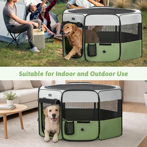 PETSFIT 45.5" Dog Playpen Indoor/Outdoor-Jump-Proof 28.5" Height with Removable Waterproof Mat & Zippered Roof | RV, Camping, Travel Dog Pen | Whelping & Cat Observation Space(45.5"L x 45.5"W x 28.5H) - color: Green