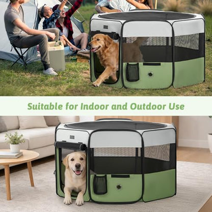 PETSFIT 45.5" Dog Playpen Indoor/Outdoor-Jump-Proof 28.5" Height with Removable Waterproof Mat & Zippered Roof | RV, Camping, Travel Dog Pen | Whelping & Cat Observation Space(45.5"L x 45.5"W x 28.5H) - color: Green