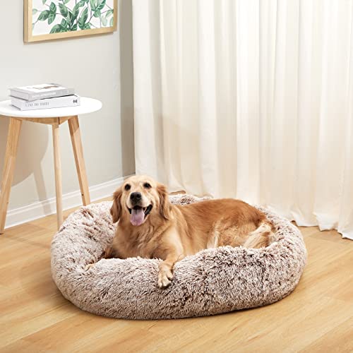 Bedfolks Calming Donut Dog Bed, 36 Inches Round Fluffy for Large Dogs, Anti-Anxiety Plush, Machine Washable (Brown, Large) - color: Brown, size: 36.0"L x 36.0"W x 8.0"Th