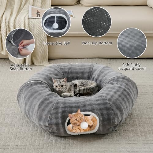 Bubble Cat Tunnel for Indoor Cats, Round Peekaboo Cave Toy with Dangling Balls, Donut Tunnel Bed with Circle Mat for Puppy Kitten Rabbit, Grey - color: Grey
