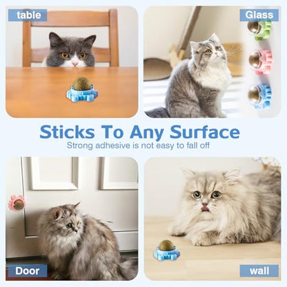 4 Packs Catnip Ball for Cats, Lickable Cat Toys Wall Mount with 360° Rolling & Spinning, Organic Cat Nip Chew Toys for Teeth Cleaning, Mint Magic Catnip Ball Toy for Indoor Cats