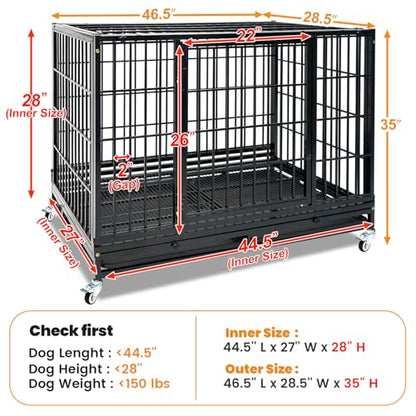 Homey Pet Heavy Duty Dog Crate for Large Dogs, 47 Inch Stackable Large Dog Cage with 4 Wheels, 2 Removable Trays and Grids, Multi Locks Strong & Solid Escape Proof Dog Kennel Indoor - size: 46.5"L x 28.5"W x 35"H