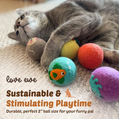 Hustle & Blush Love Ewe Felted Cat Toys 3 Pack - 2 Inch Fish & Bird Hand Made Cute & Fun Design Kitten Wool Felt Balls for Indoor Play & Exercise - 100% New Zealand Handmade Felted Balls - color: Fish/Bird