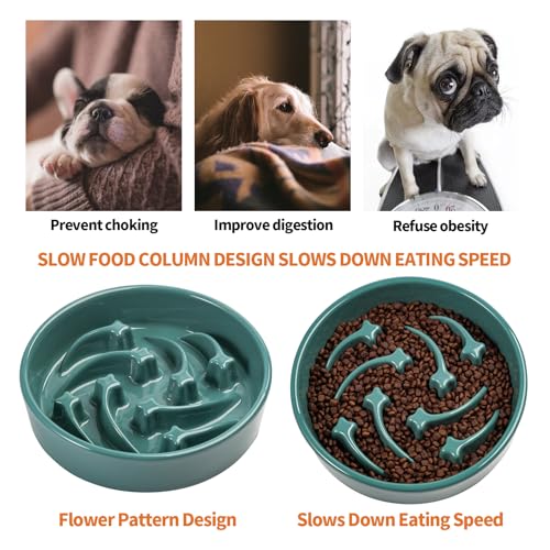 8.26 in Deep Green Ceramic Slow Feeder Dog Bowl for Medium and Large Breed,Pet Feeding Dog Food Water Dish Heavy Weighted,Puppy Bowl for Fast Eaters,Puzzle Slow Eating Dish Modern Maze Meteor - color: Upgraded Deep Green Slow Feeder