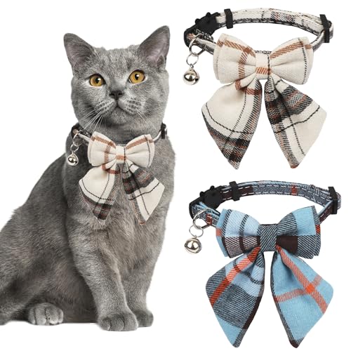 ADOGGYGO Plaid Cat Collars with Removable Bow Tie Bell, 2 Pack Beige Blue Plaid Kitten Bow Collar for Cats Kittens - color: Beige&Blue-2