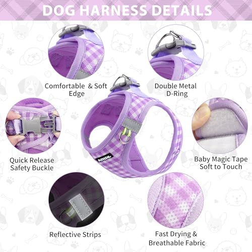 AIITLE Medium Dog Harness – Breathable Mesh with Plaid Design & Dual D-Rings – Secure Fit for Camping, Hiking & Daily Adventures (L, Purple) - color: Purple, size: L