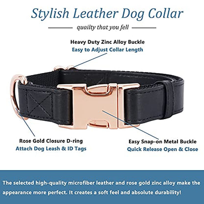 Dog Collar and Leash Set.Soft and Easy to Clean Vegan Leather with Rose Gold Metal Buckle for Small Medium Large Dogs (Black, M(13.8"-19.7")) - color: Black, size: M