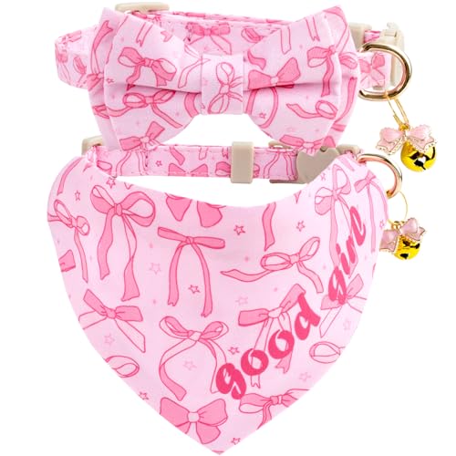 Faygarsle 2 Pack Pink Bow Pattern Cat Collar Set with Bandana and Bowtie, Breakaway Safety Collar with Bell Spring Summer Design for Girl Cats - color: Pink Bow
