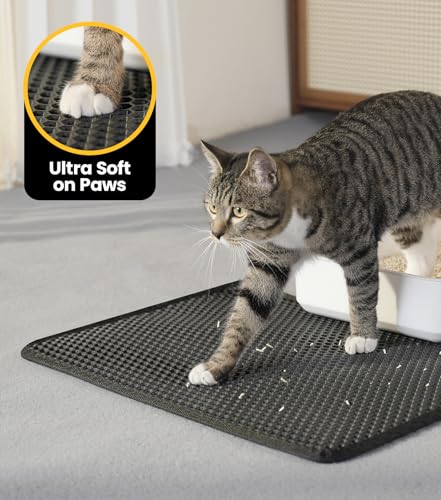 Cat Litter Trapping Mat, 27"x19" Universal Fit Litter Box Floor Mat, Hexagon Grids & Anti-Leak Base, Machine Washable, Non-Slip Kitty Mat for Most Homes, Black - color: Black