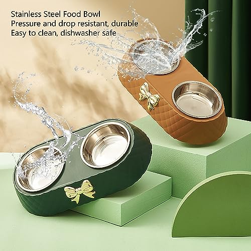 Stainless Steel Double Pet Bowls with Bowknot Decor Holder, Prevent Slip Cat and Dog Food Water Bowls, Cat Food Bowl Elevated, Dog Bowls Elevated, Cat Food and Water Bowl Set(Beige) - color: Beige