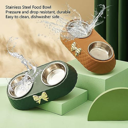Stainless Steel Double Pet Bowls with Bowknot Decor Holder, Prevent Slip Cat and Dog Food Water Bowls, Cat Food Bowl Elevated, Dog Bowls Elevated, Cat Food and Water Bowl Set(Beige) - color: Beige