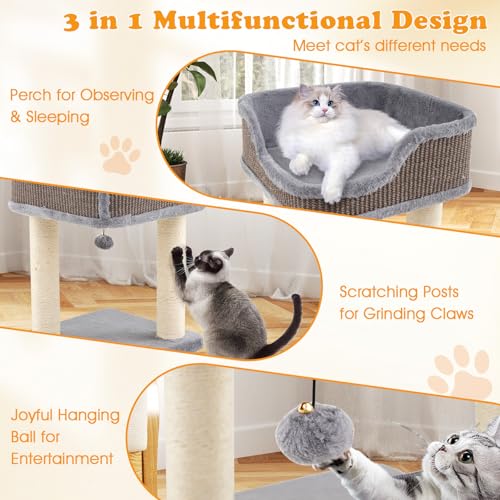 PETSITE 20 inch Small Cat Tree, Modern Cat Tree with Top Soft Upholstered Bed, Sisal Scratching Posts & Mats, and Interactive Dangling Ball, Ideal for Small Indoor Cats and Kittens