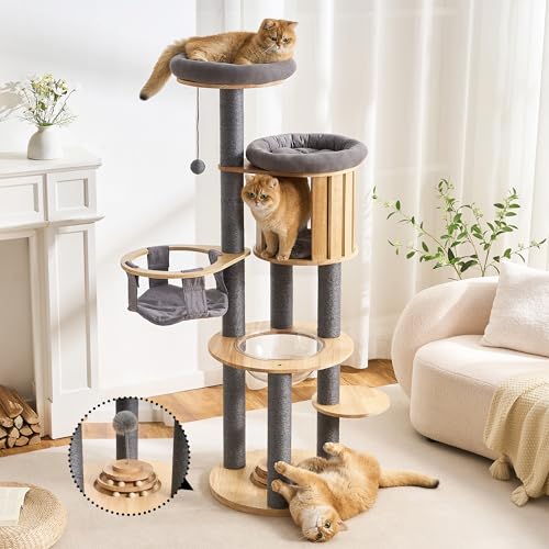 797Audio Wood Modern Cat Tree, 61.5" Cat Tower with Sisal Scratching Posts, Cat Condo, Capsule, Hamnock and Spinner Toy,Solid Wooden Aesthetic Multi-Level Cat Climbing Tree for Adult Indoor Cats-Gray - color: 62 Inch-Turntable-Gray