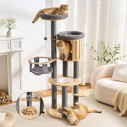 797Audio Wood Modern Cat Tree, 61.5" Cat Tower with Sisal Scratching Posts, Cat Condo, Capsule, Hamnock and Spinner Toy,Solid Wooden Aesthetic Multi-Level Cat Climbing Tree for Adult Indoor Cats-Gray - color: 62 Inch-Turntable-Gray